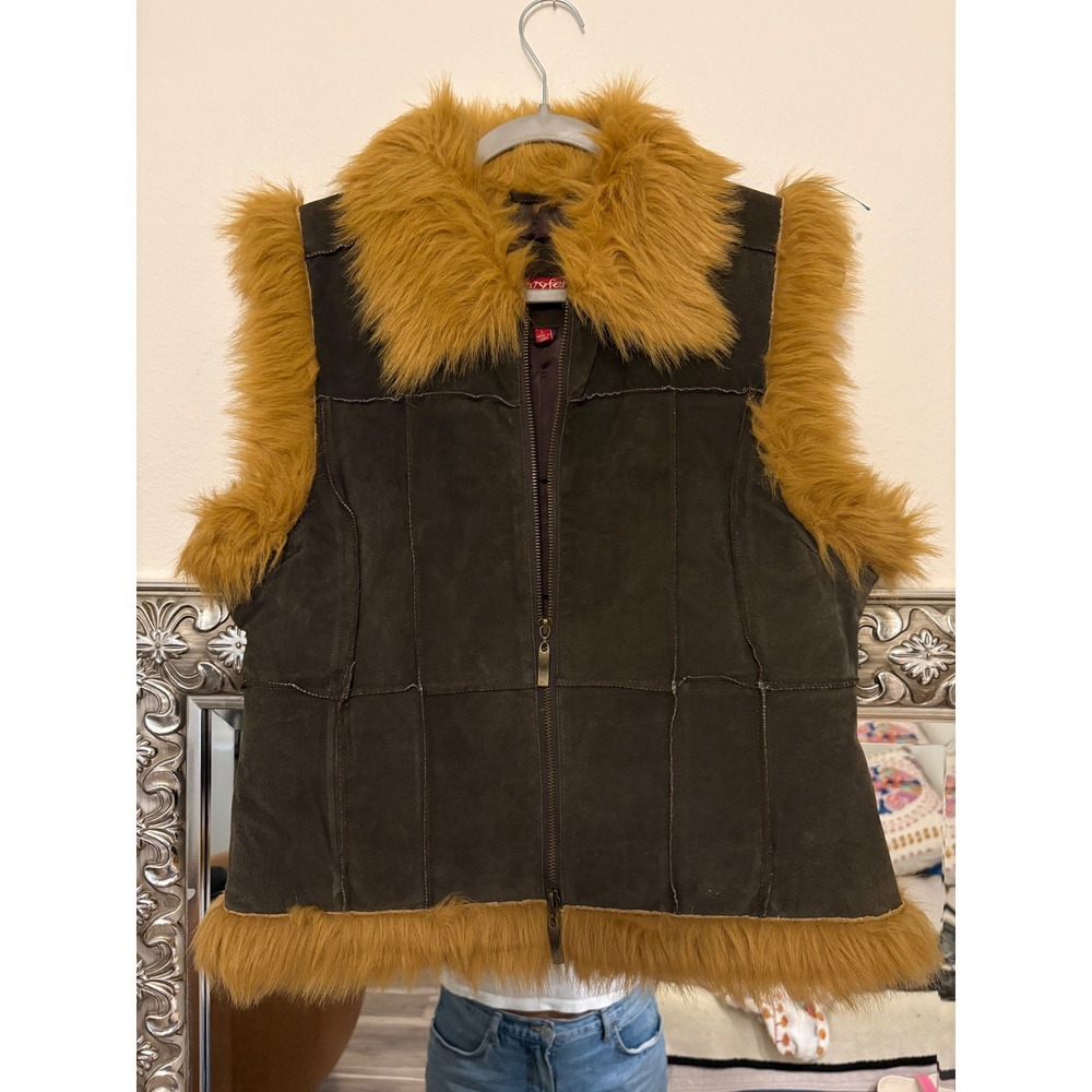 Jennyfer J Brown Suede Leather Faux Fur Trim Zip Up Vest Penny Lane Boho y2k h5